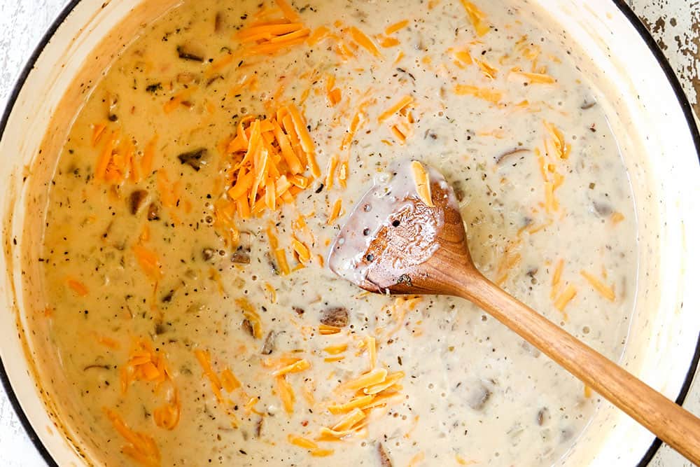 a collage showing how to make turkey tetrazzini recipe by adding cheeses to the sauce