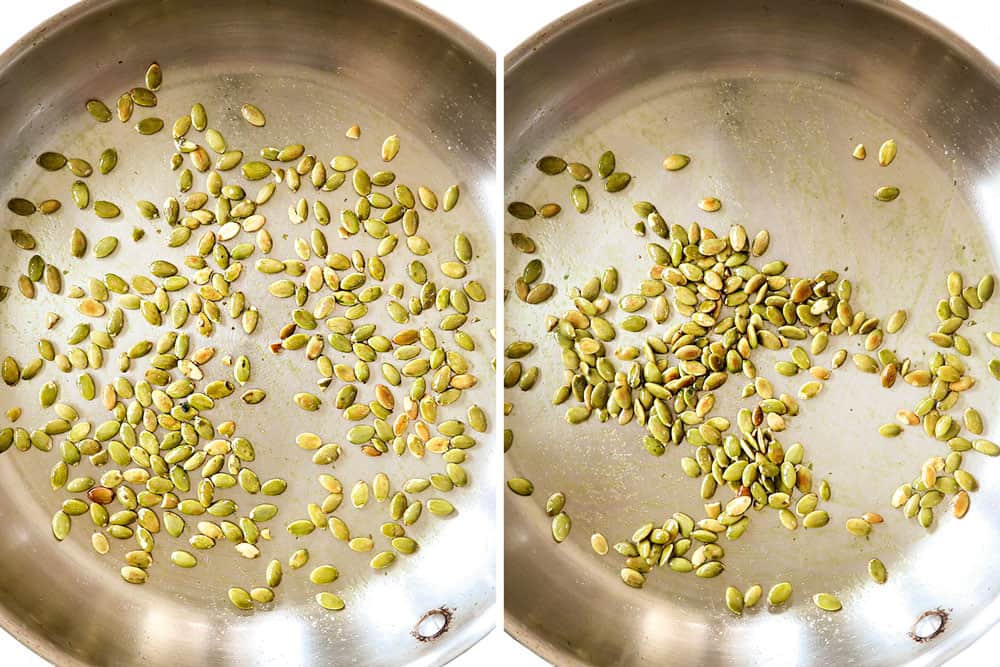 showing how to make pumpkin risotto by toasting pine nuts in a skillet