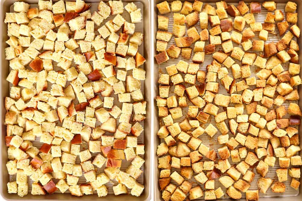 a collage showing how to make bread pudding by toasting the bread to make it stale
