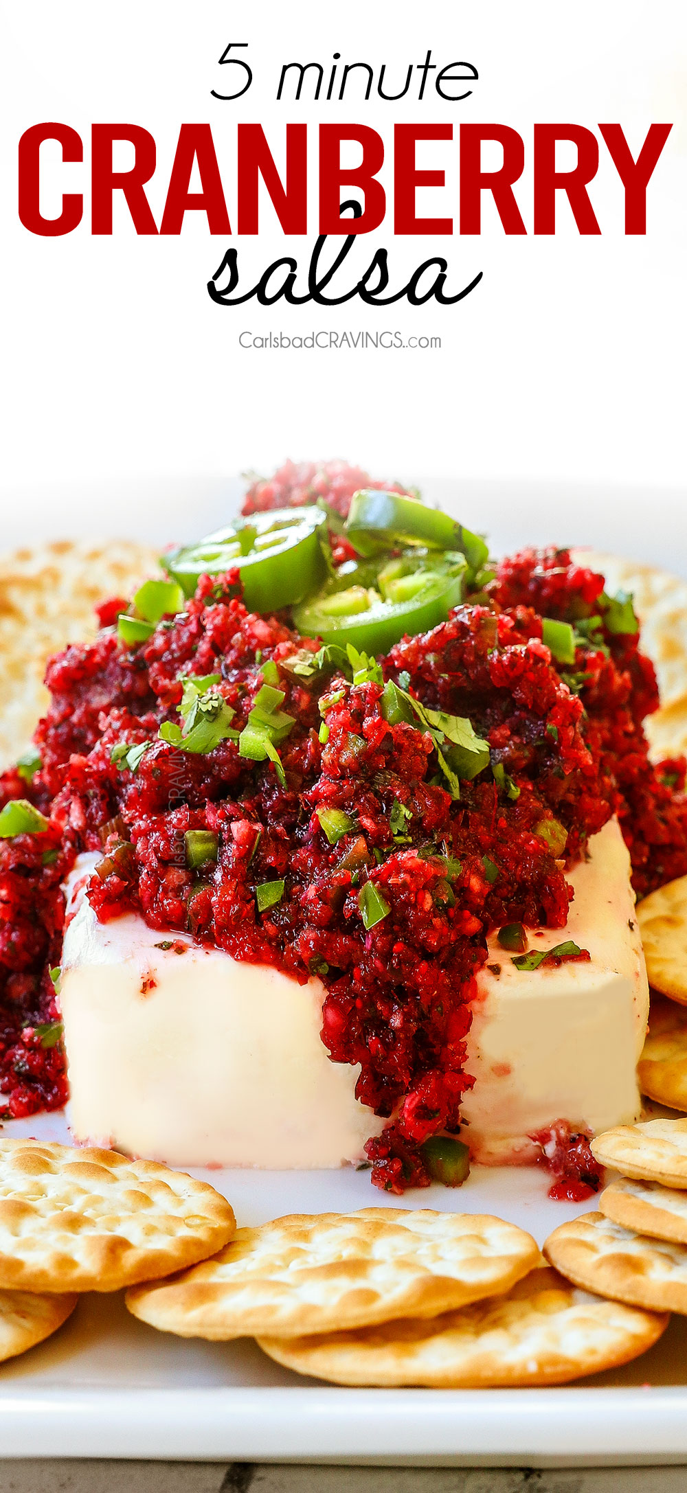 front view of cranberry salsa over cream cheese