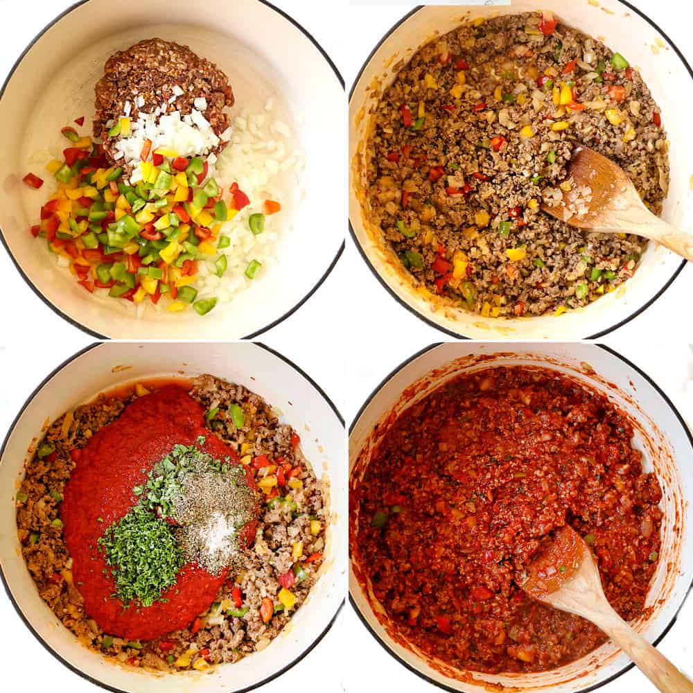 a collage showing how to make stuffed peppers by browning the Italian sausage, onions and peppers, adding tomato sauce and herbs and simmering until thickened