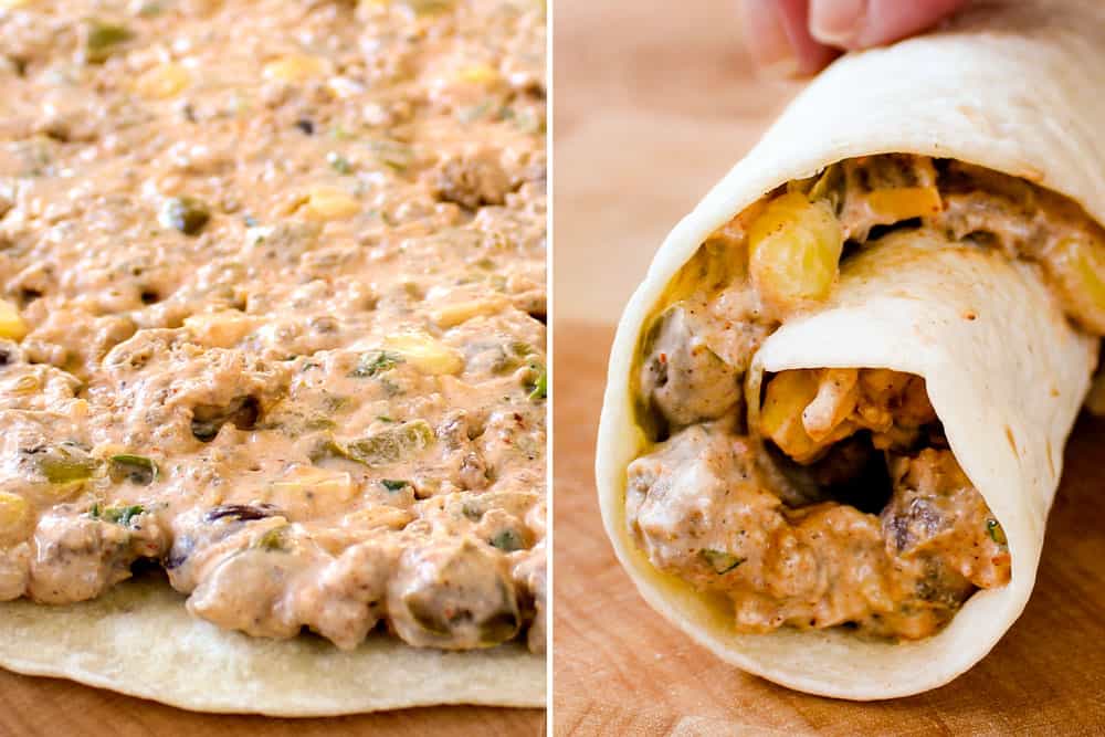 showing how to make pinwheels by spreading cream cheese filling onto tortilla then rolling up tightly