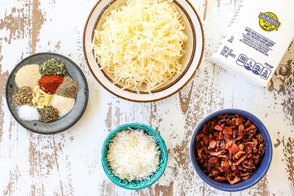 showing ingredients for mini quiche Lorraine with Swiss Gruyere, bacon, eggs, and spices