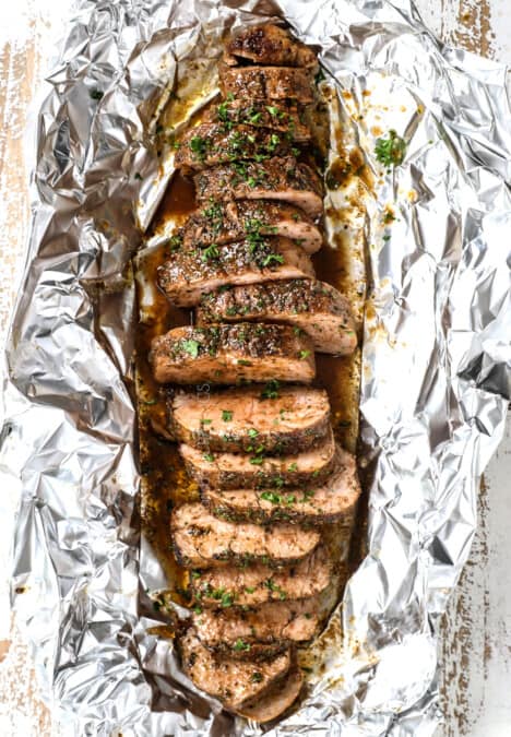 oven roasted pork tenderloin cooked in balsamic sauce sliced in foil