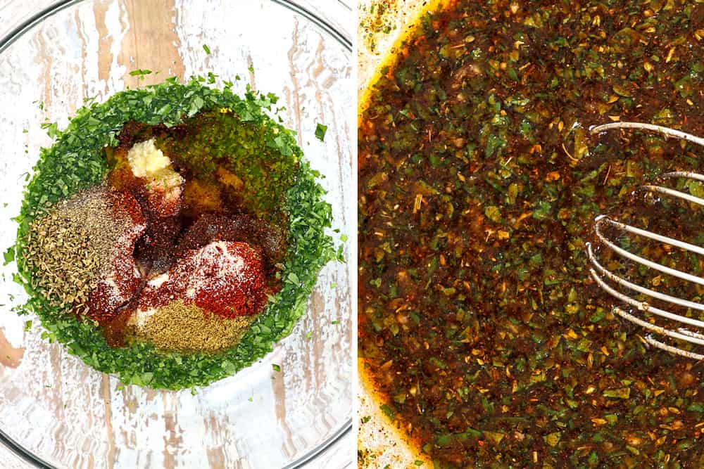 top view of making baked salmon marinade by whisking cilantro lime marinade ingredients