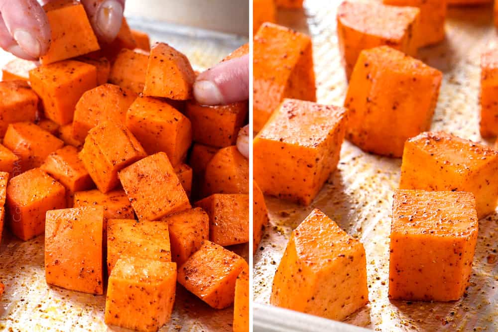 showing how to make baked cilantro salmon by roasting veggies