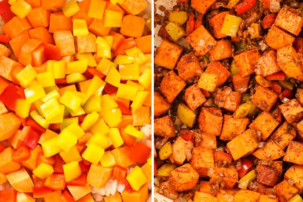 showing how to make chicken chili by cooking bell peppers, onions, sweet potatoes until onions are tender in a Dutch oven