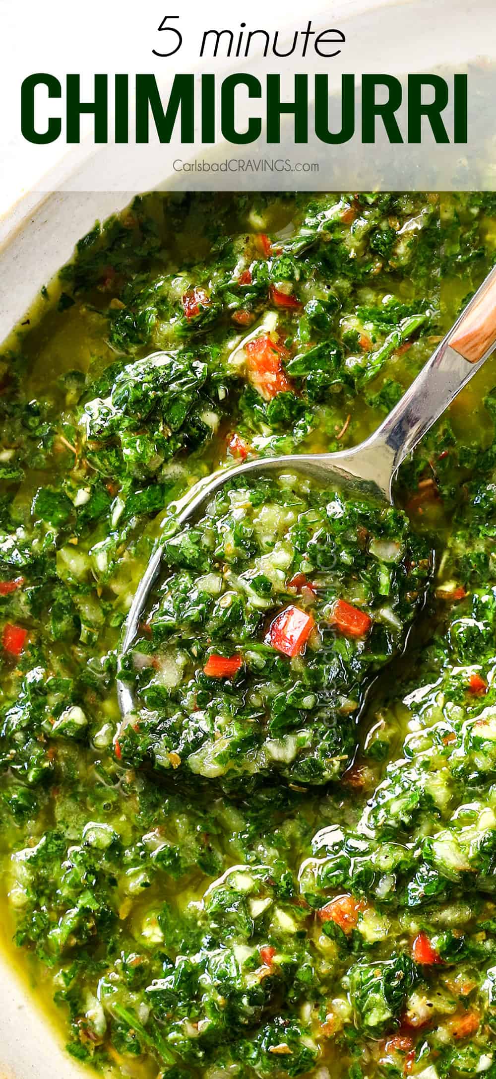 up close top view of chimichurri recipe in a bowl showing its consistency