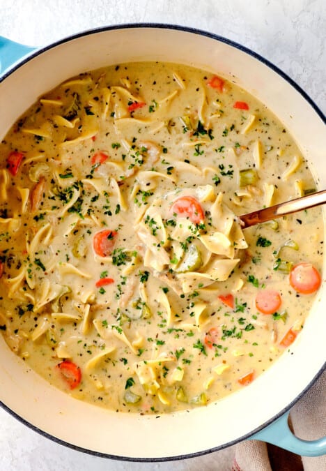 top view of asy Creamy Chicken Noodle Soup