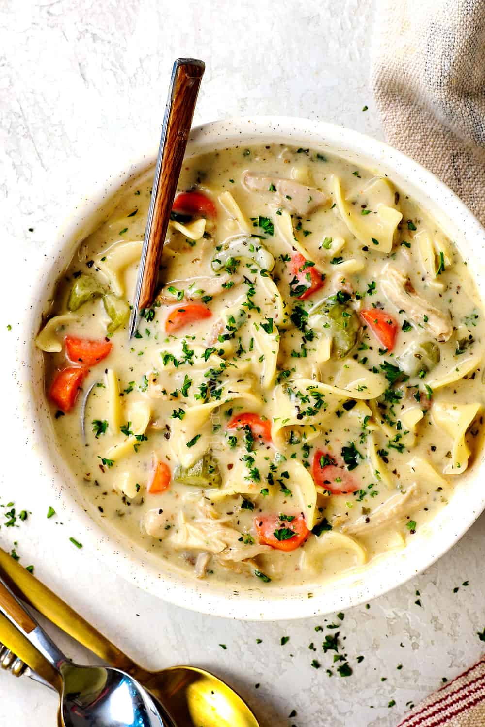 top view of best creamy chicken noodle soup in a white bowl garnished with parsley