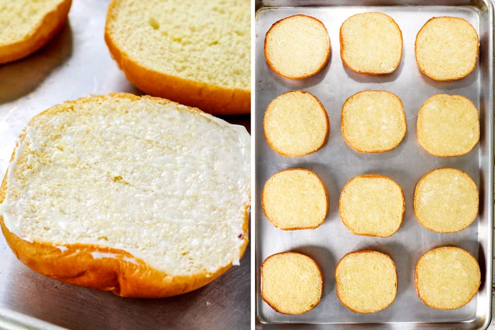 a collage showing how to make Philly Cheesesteak Sloppy Joes by buttering the buns then toasting until golden