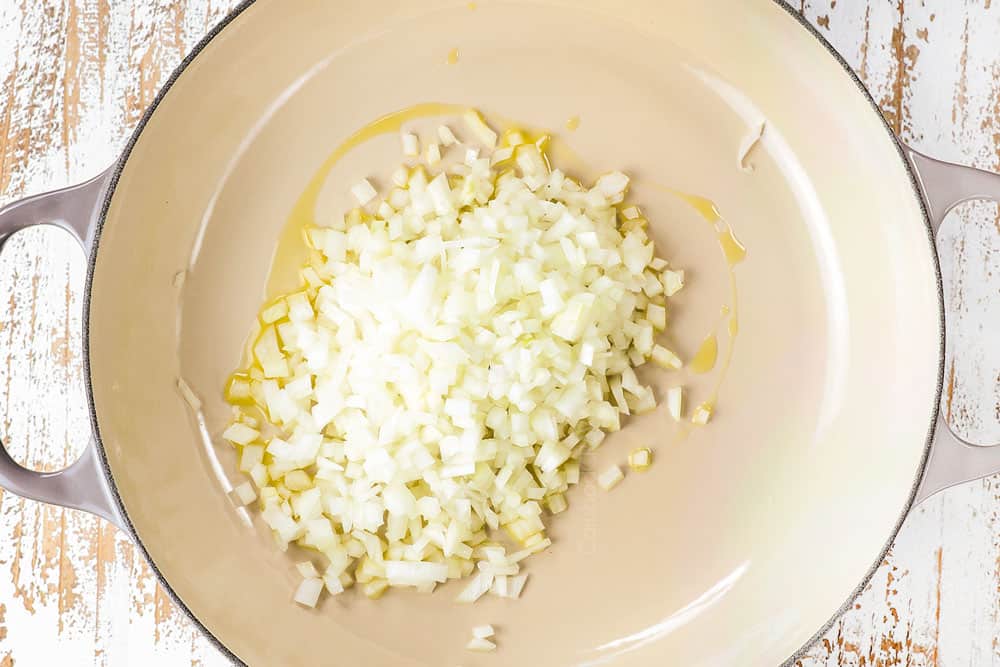 showing how to make tomato sauce recipe by sautéing onions and garlic