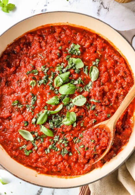top view of tomato sauce in a pan