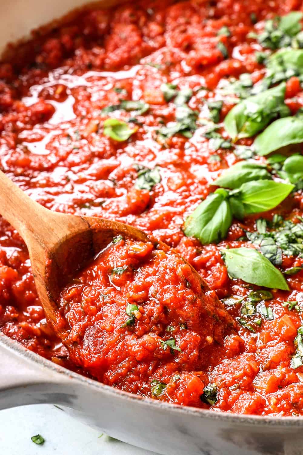 up close of tomato sauce recipe showing how thick it is