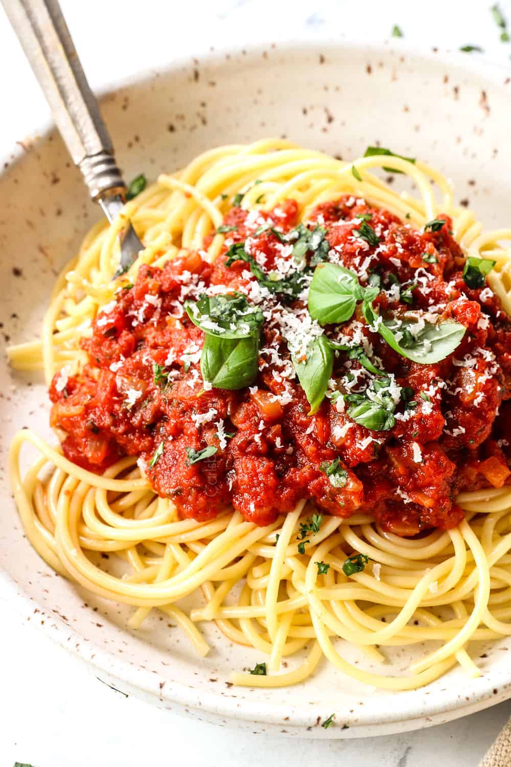 showing how to serve homemade tomato sauce by putting over pasta