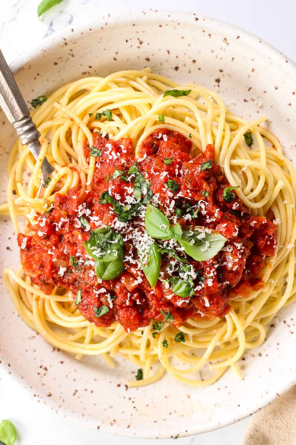 top view of homemade tomato sauce over pasta