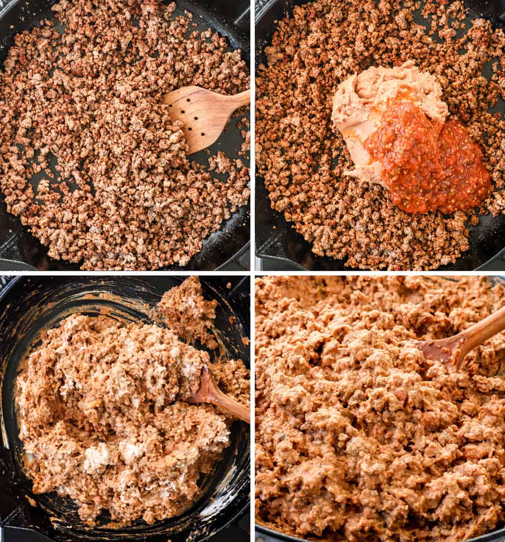 a four photo collage showing how to make ground beef for nachos by 1) browning beef with seasonings, 2) adding refried beans and salsa, 3) stirring in sour cream, 4) thinning with water