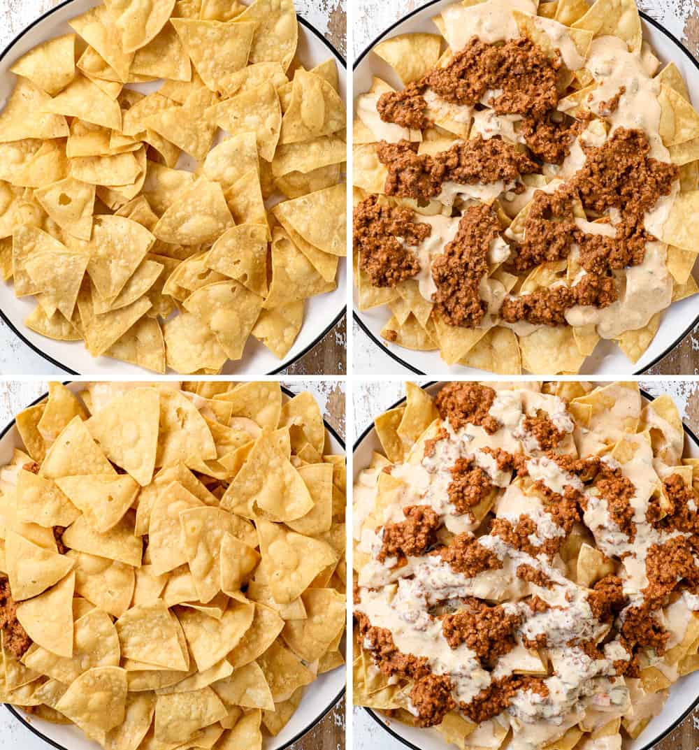 a four photo collage showing how to assemble nacho recipe by 1) adding tortilla chips to a platter, 2) adding half of the ground beef and beans and ⅓ of the nacho cheese, 3) adding the rest of the tortilla chips, 4) adding remaining ground beef, beans and cheese sauce