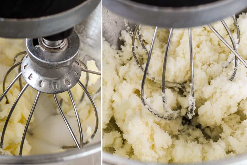 a collage showing how to make Ooey Gooey Butter Cake recipe by creaming butter in a mixer for the cake layer