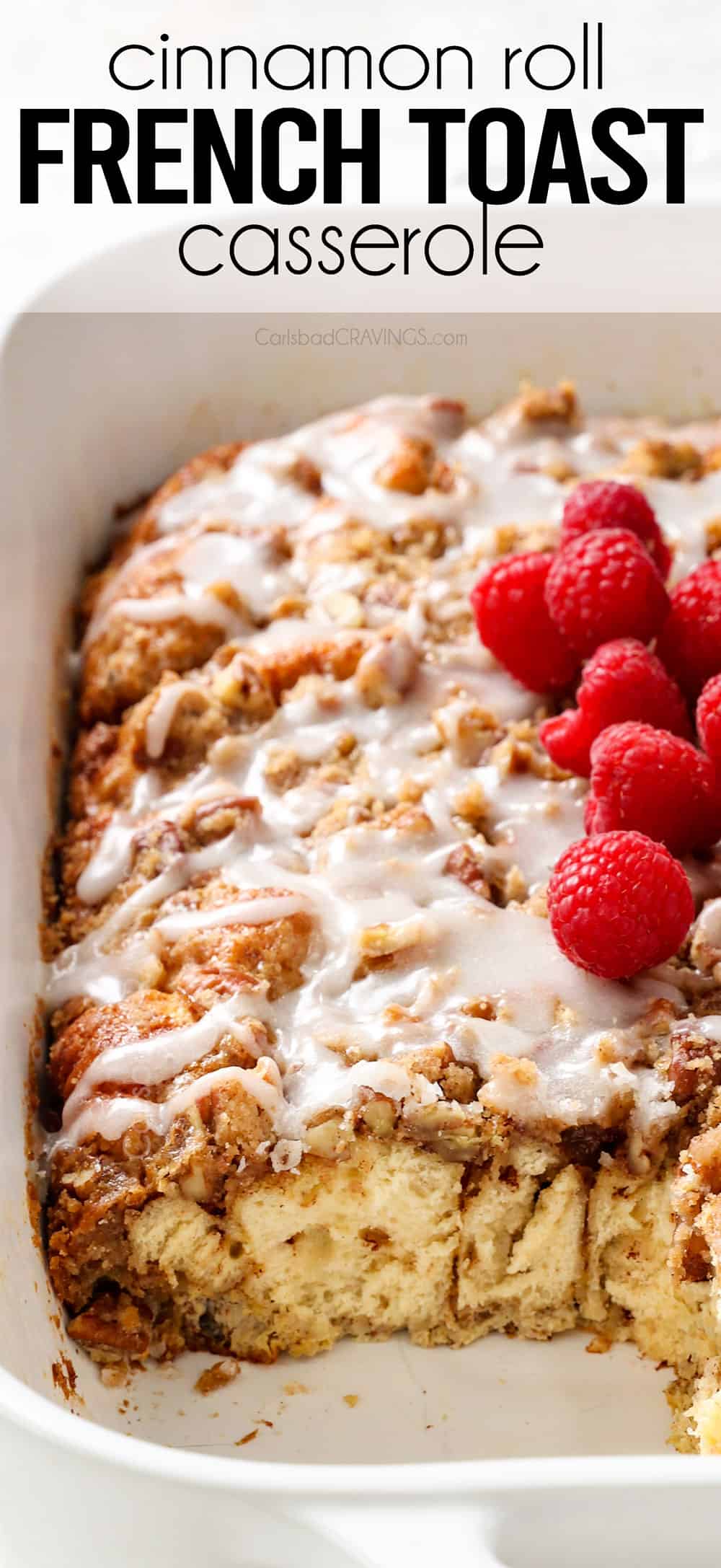 up close of Cinnamon Roll French Toast Casserole with a piece missing
