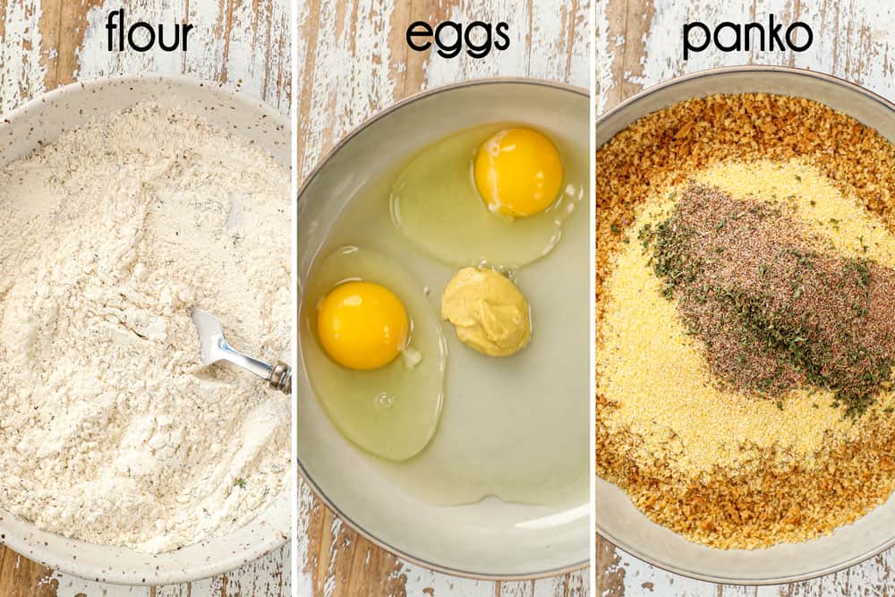 a collage showing how to make fish sticks recipe by setting up breading stations: flour and spices, eggs with lemon juice and panko breadcrumbs with cornmeal and spices