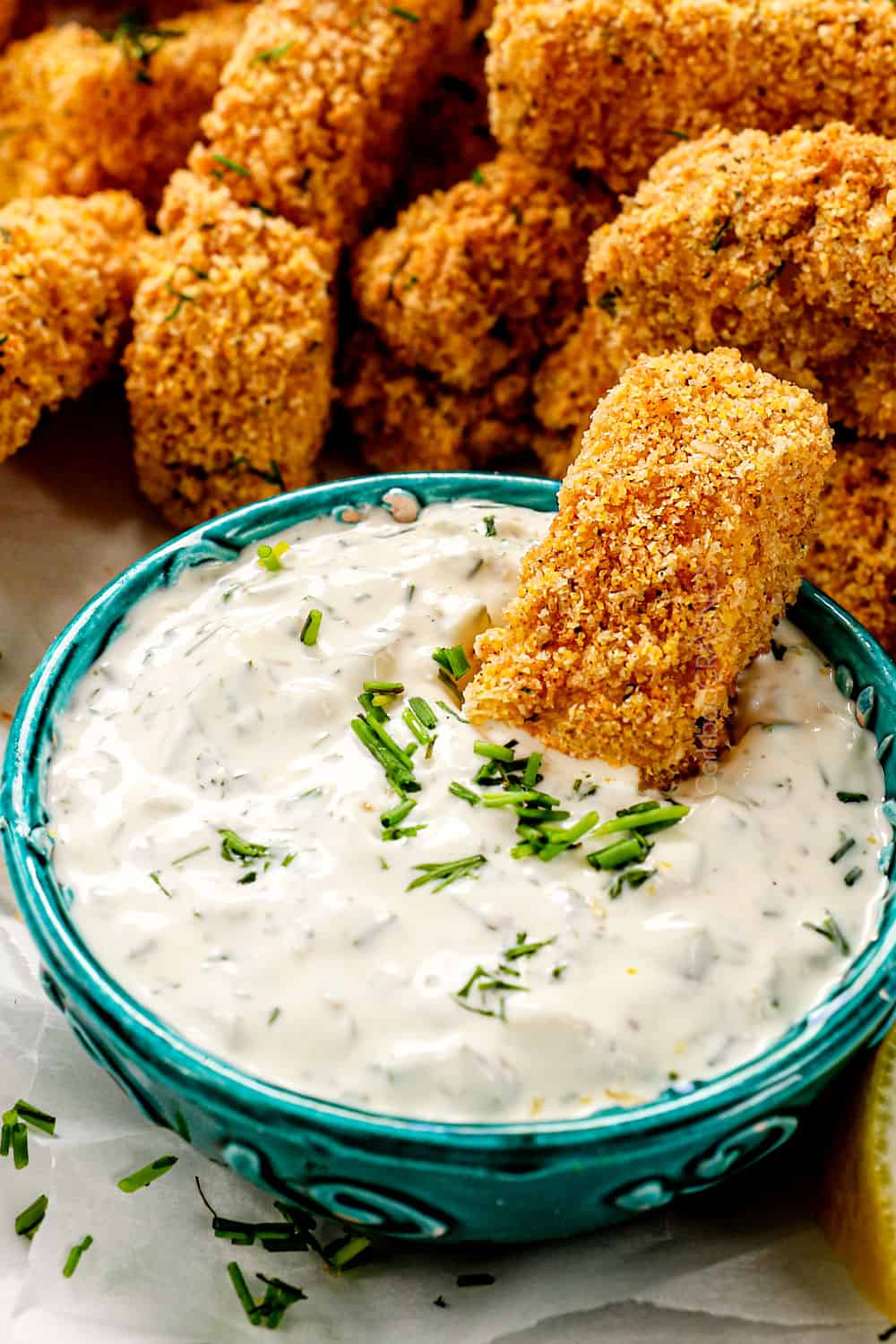 tartar sauce recipe on a platter with fish sticks
