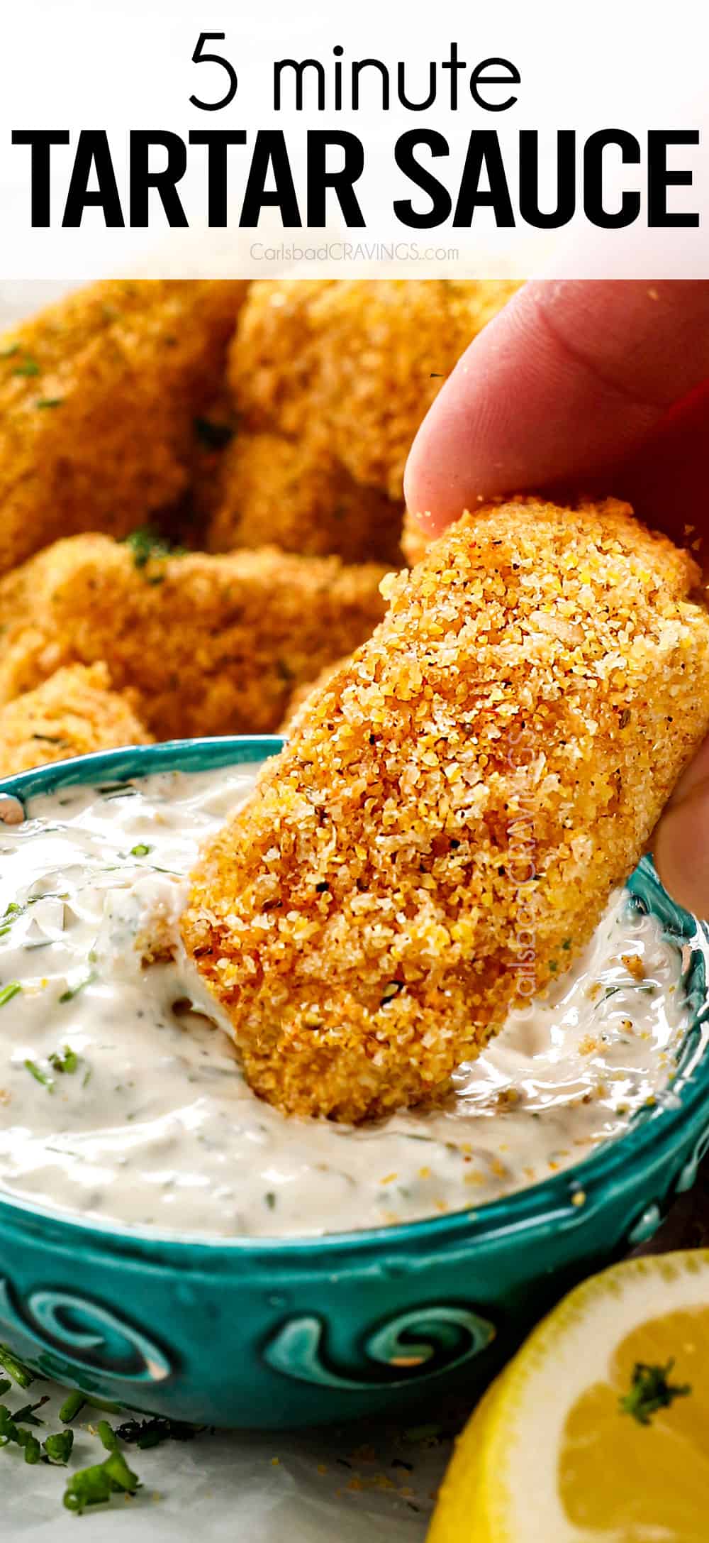 showing how to serve homemade tartar sauce by dipping a fish stick in the sauce