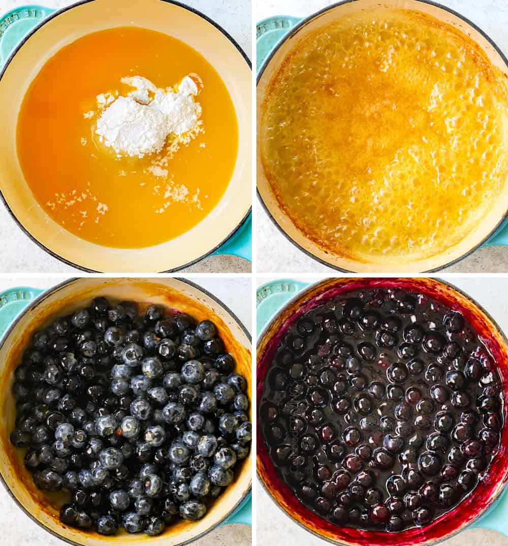 a collage showing how to make blueberry French toast casserole recipe by making blueberry syrup by simmering orange juice and sugar, then adding blueberries to simmer