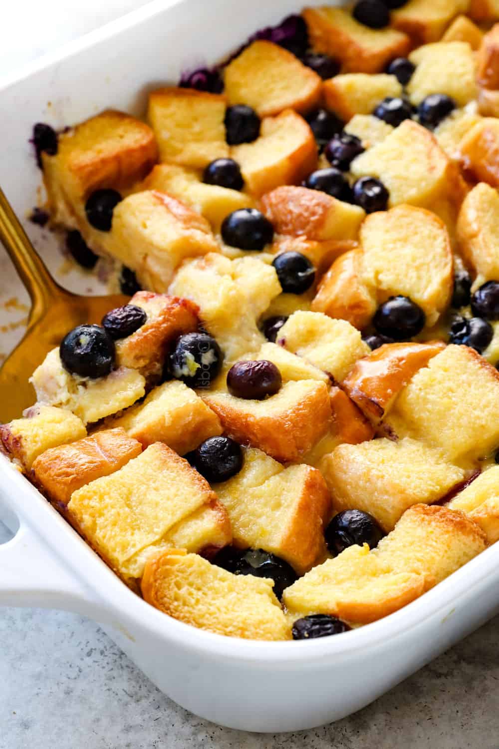 up close of Overnight Blueberry French Toast Casserole showing how soft and fluffy the bread is