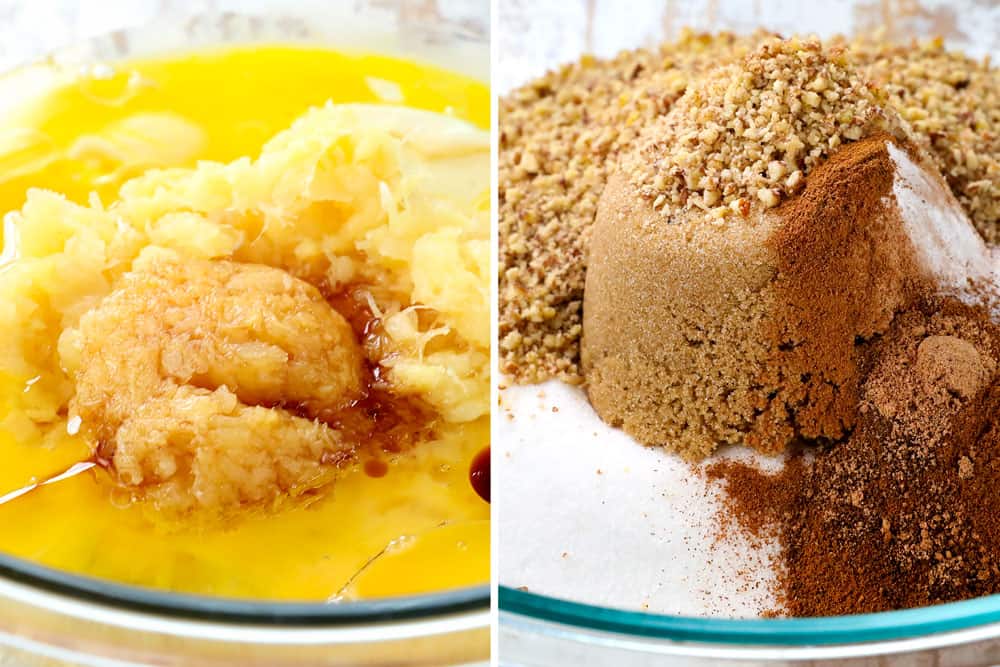 a collage showing how to make carrot cake cupcake recipe by whisking eggs, pineapple, vanilla in a bowl and flour, sugar, pecans and cinnamon in a separate bowl