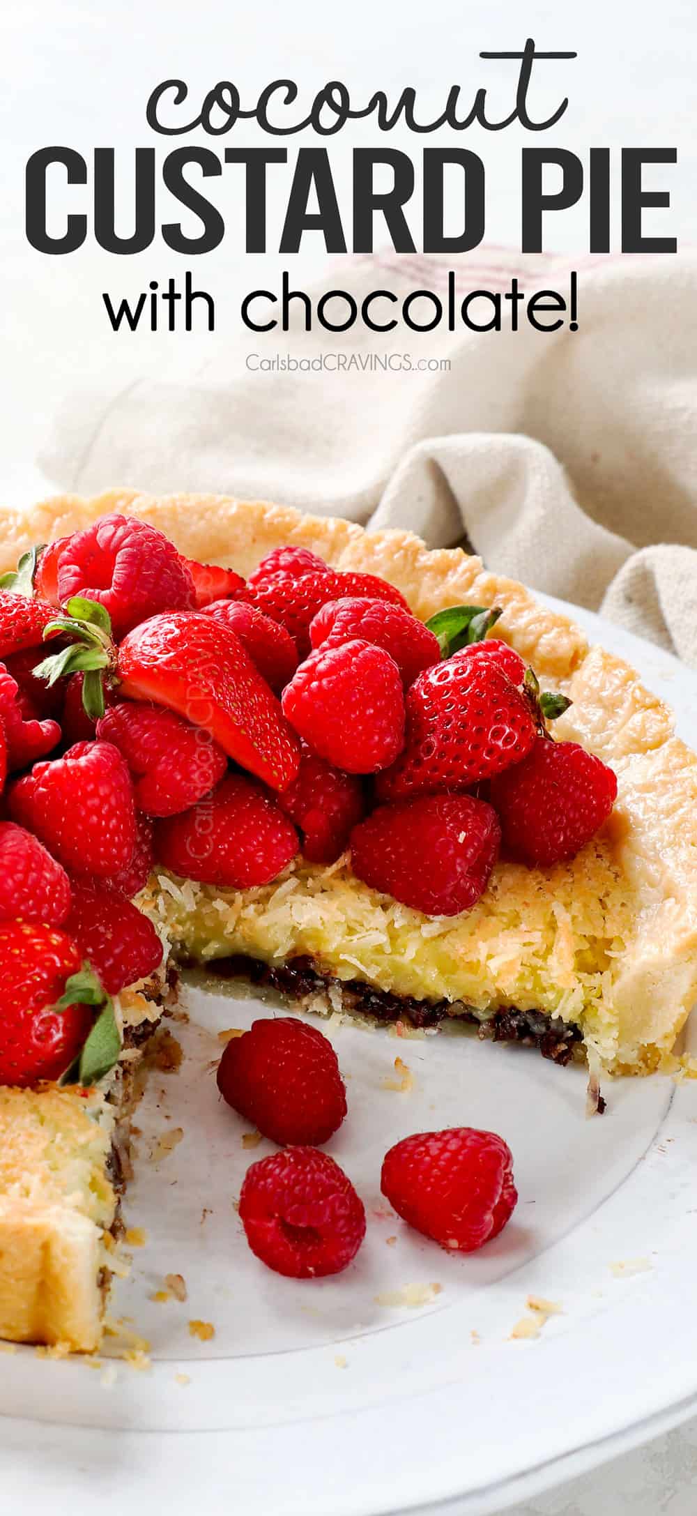 Coconut custard pie with slices missing to show the custard filling