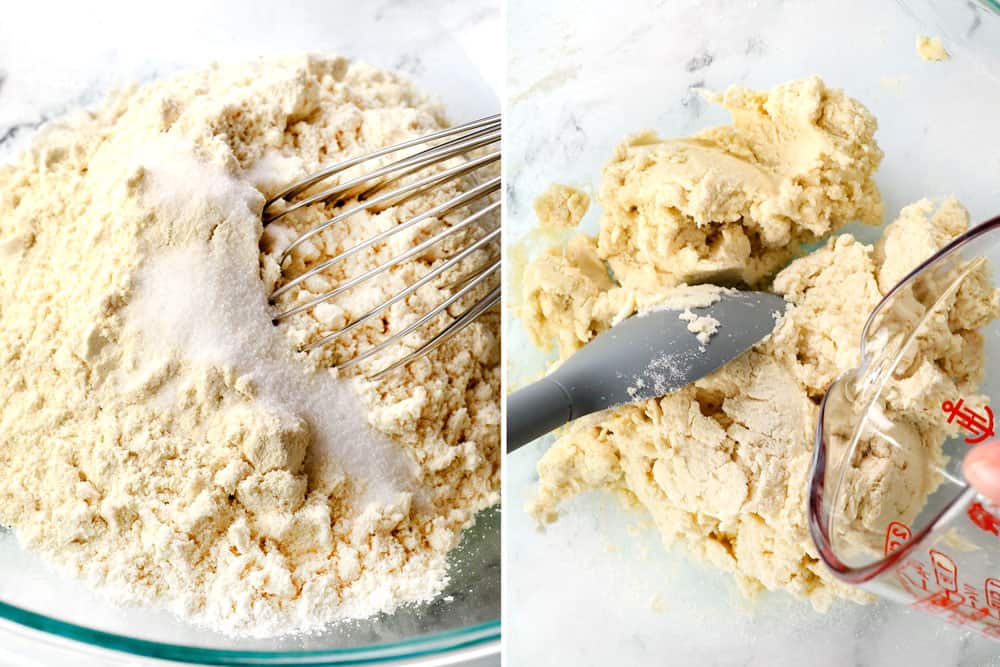 a collage showing how to make homemade corn tortillas recipe by mixing masa harina with salt and then mixing with hot water