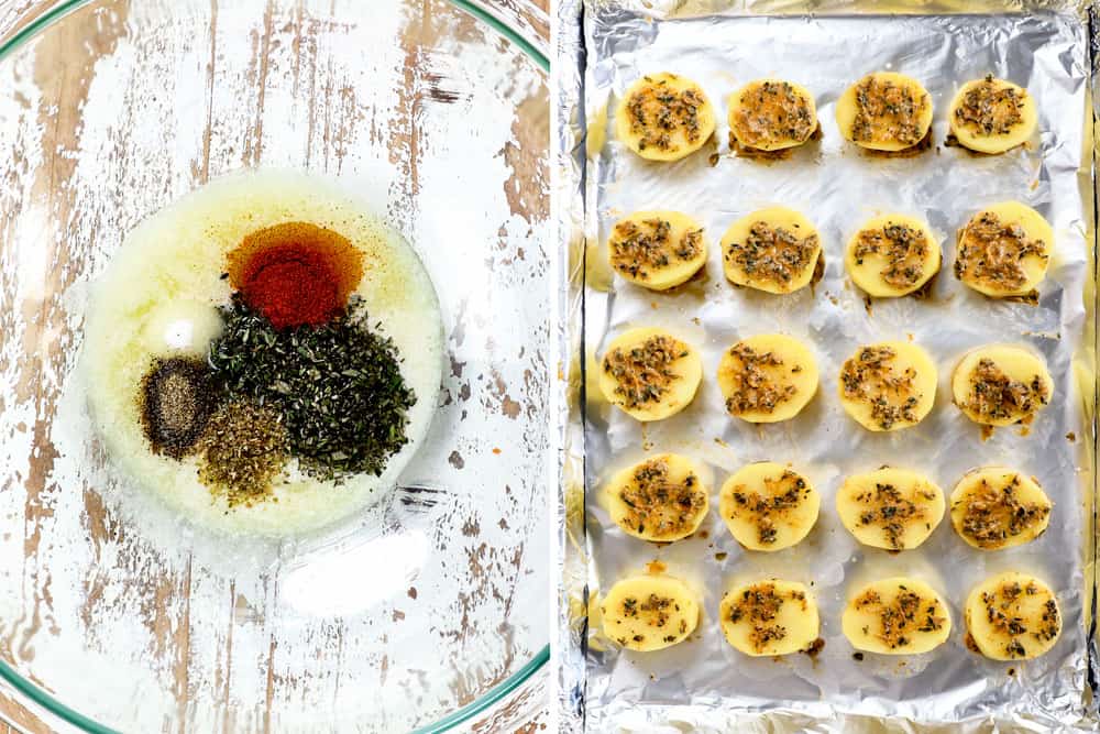 a collage showing how to make melting potatoes recipe by mixing melting butter, thyme, rosemary, paprika, salt and pepper in a bowl then adding potatoes and lining on a baking sheet