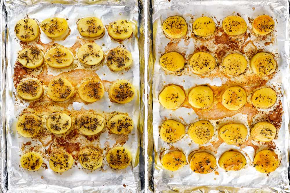 a collage showing how to make melting potatoes by roasting butter potatoes for 20 minutes then flipping over