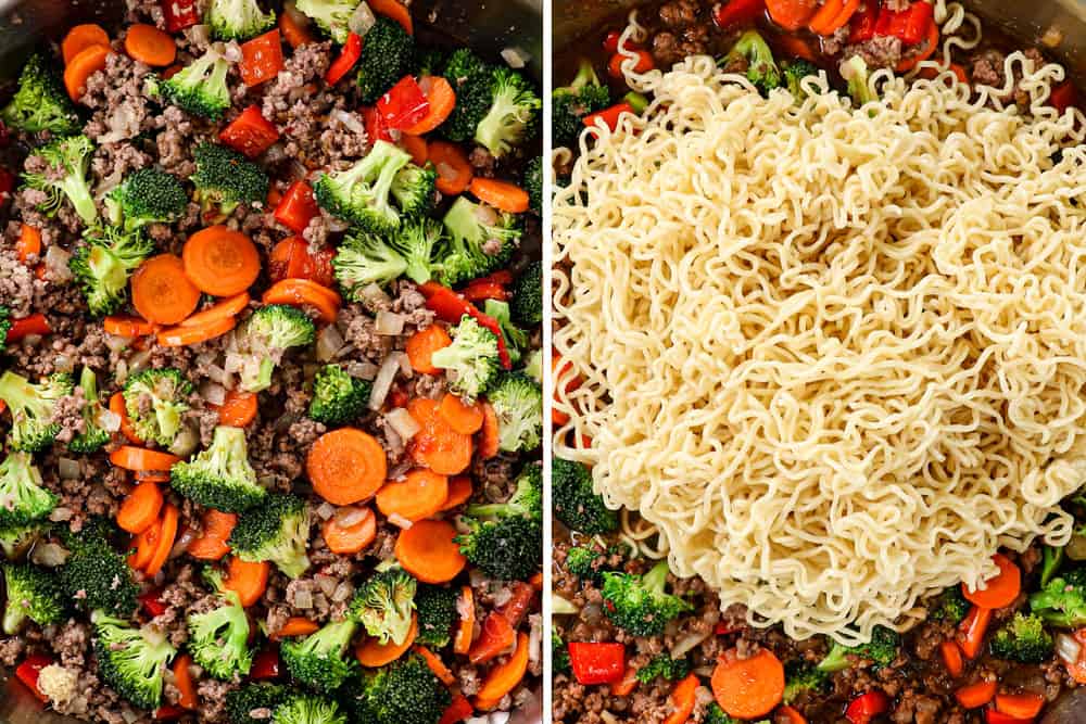 showing how to make stir fry ramen by simmering the stir fry sauce until thickened then adding in ramen noodles