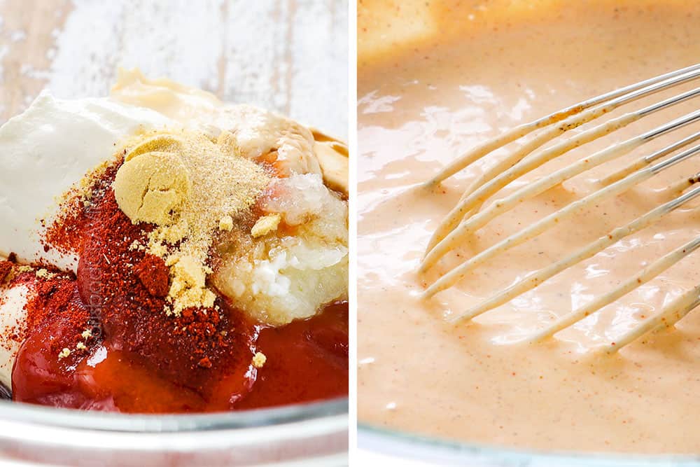 a collage showing how to make Reuben sandwich recipe by adding Russian salad ingredients to a glass bowl and whisking until smooth and creamy