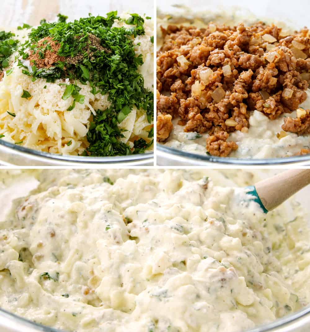 a collage showing how to make stuffed shells recipe by 1) adding ricotta, herbs and mozzarella to a bowl, 2) adding meat, 3) stirring it together until combined