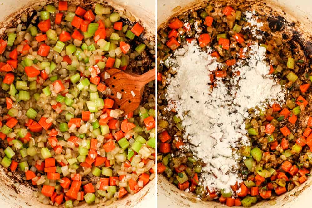a collage showing how to make creamy mushroom soup recipe by sautéing carrots, celery and onions then cooking with flour
