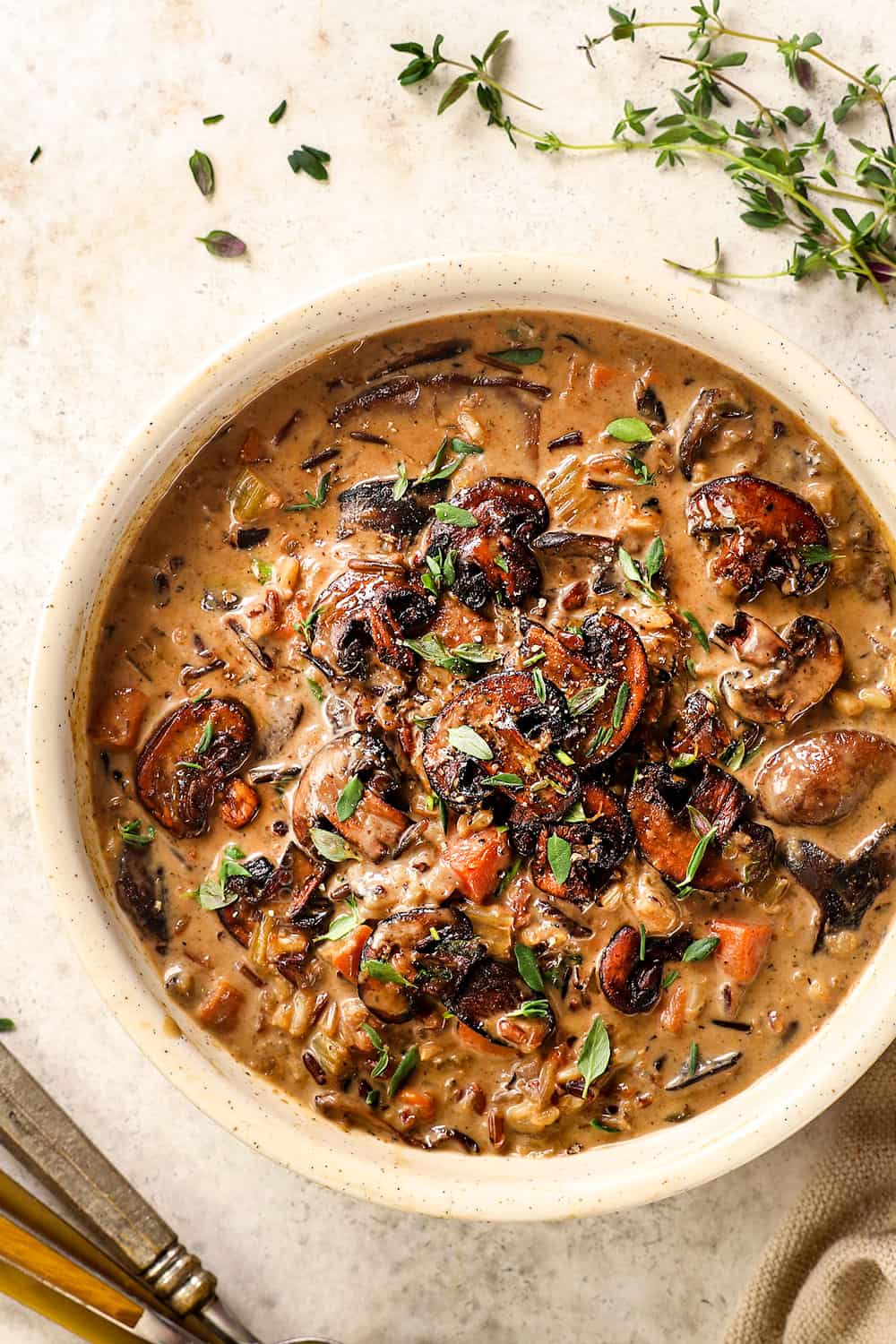top view of mushroom soup recipe with wild rice and mushrooms in a creamy broth