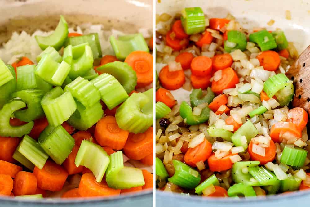 a collage showing how to make matzo ball soup recipe by sautéing onions, carrots and celery until tender