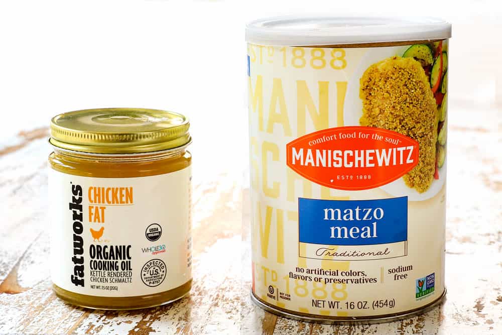 showing matzo ball soup ingredients by showing what schmaltz and matzo meal are