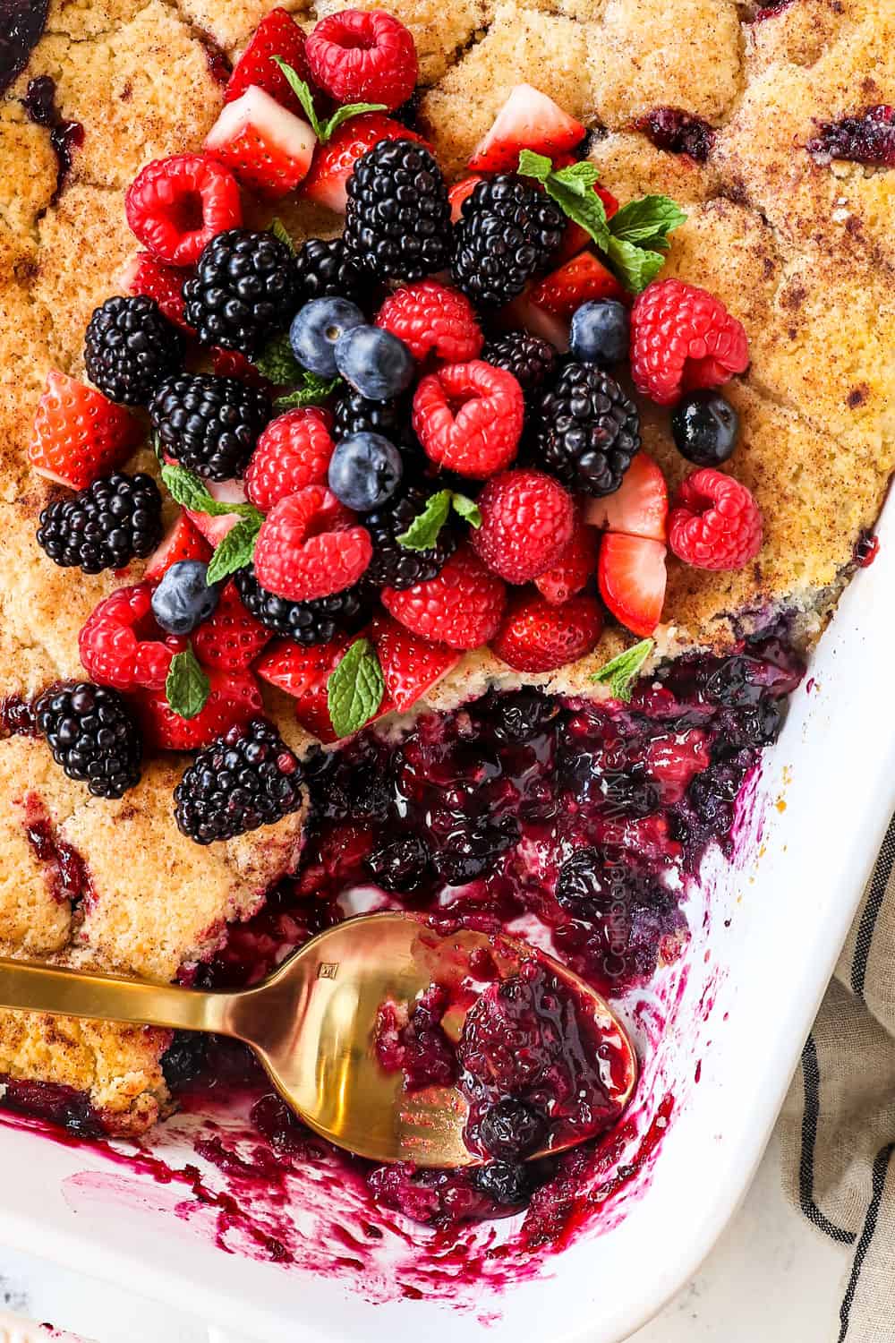 top view of berry cobbler recipe showing the juicy berry filling