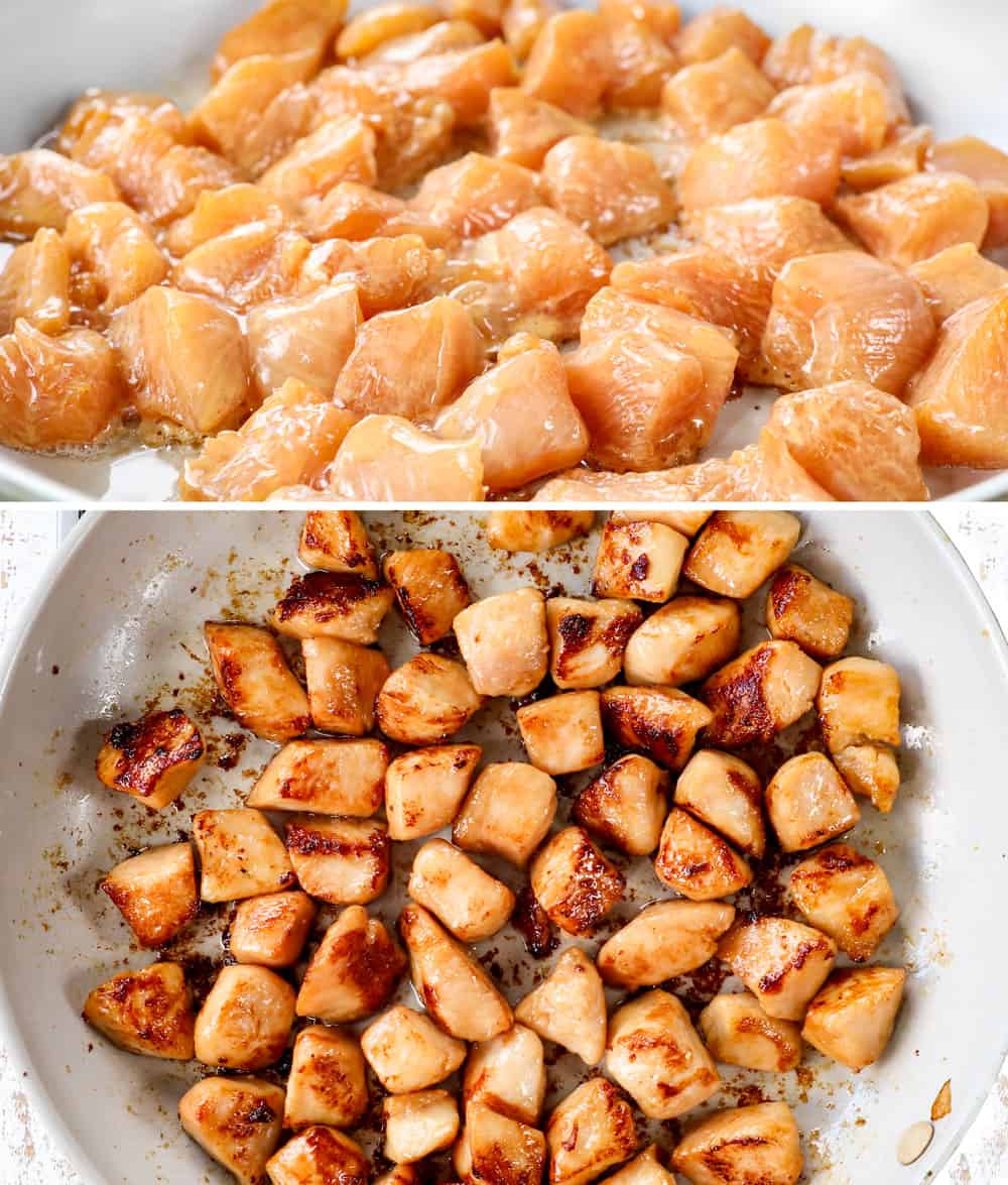 showing how to make cashew chicken stir fry by cooking chicken in a skillet until golden