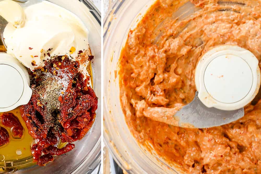 a collage showing how to make breakfast sandwiches by making blending sun-dried tomatoes and mayonnaise in a food processor