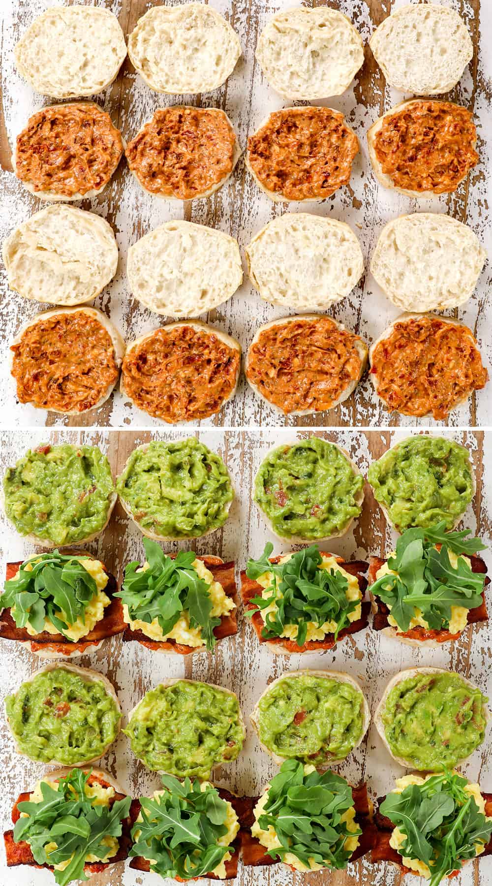 showing how to make breakfast sandwich recipe layering muffins with eggs, bacon and cheese