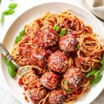 top view showing how to serve Italian turkey meatballs with marinara sauce