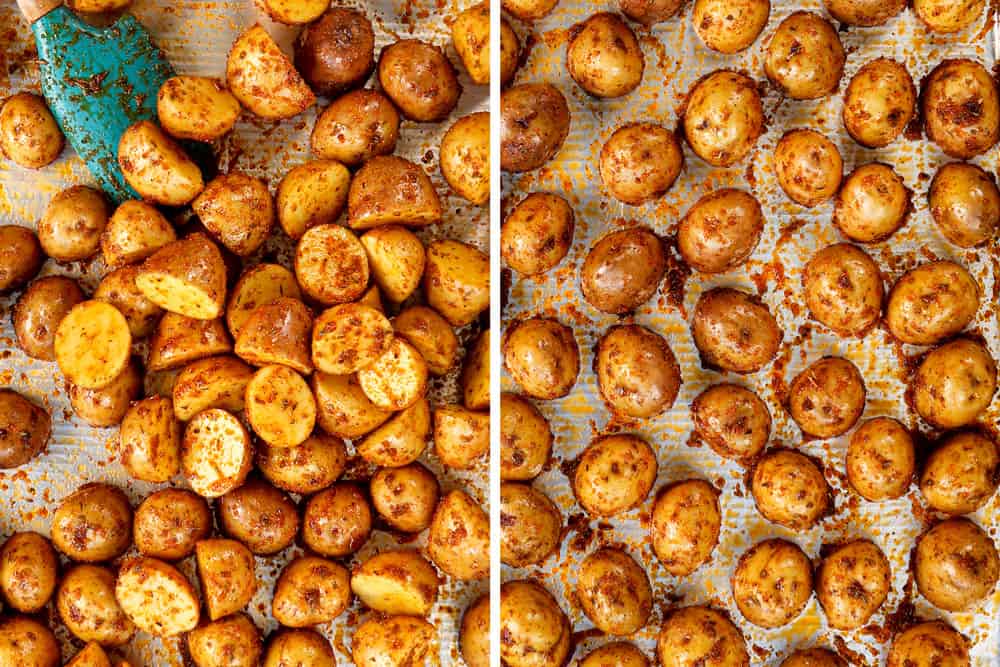 a collage showing how to make roasted Cajun potatoes by tossing with the Cajun seasonings then spacing apart on a baking sheet