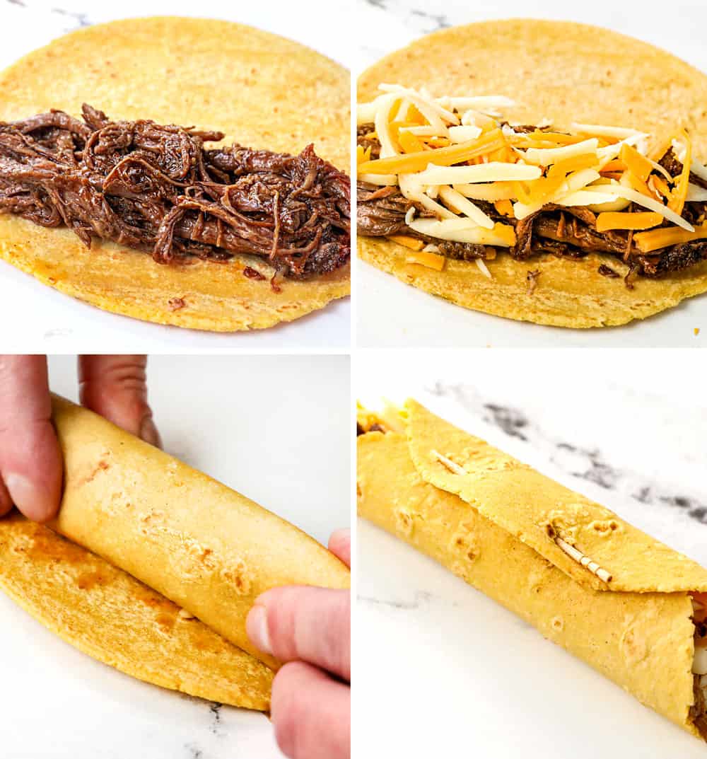 a collage showing how to make beef taquitos by adding beef and cheese to a corn tortilla, rolling up tightly then securing with a toothpick