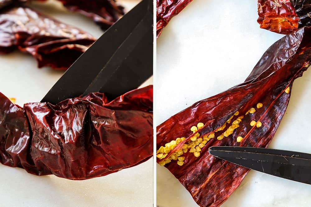 showing how to make adobo sauce by removing seeds from guajillo chili peppers