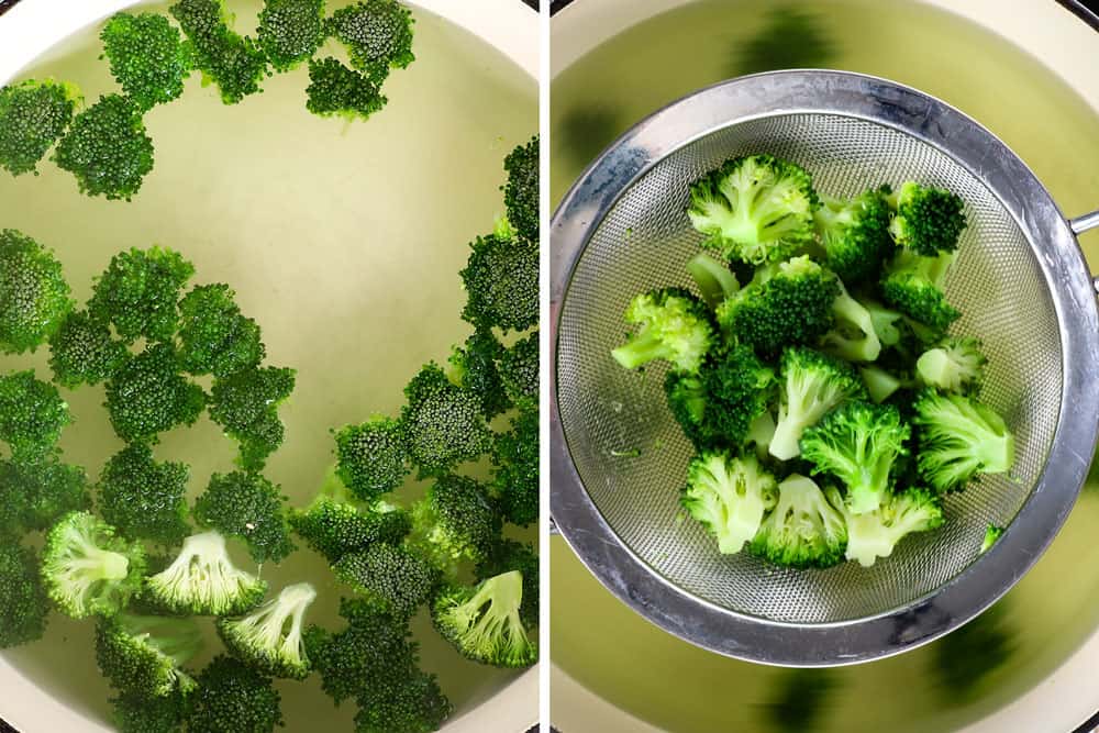 showing how to make chicken bacon ranch casserole by cooking broccoli in pasta water and removing with a sieve